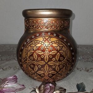Vintage India Ink 10" Alcazar Bronze Table Vase Table Pottery Embossed Patterns